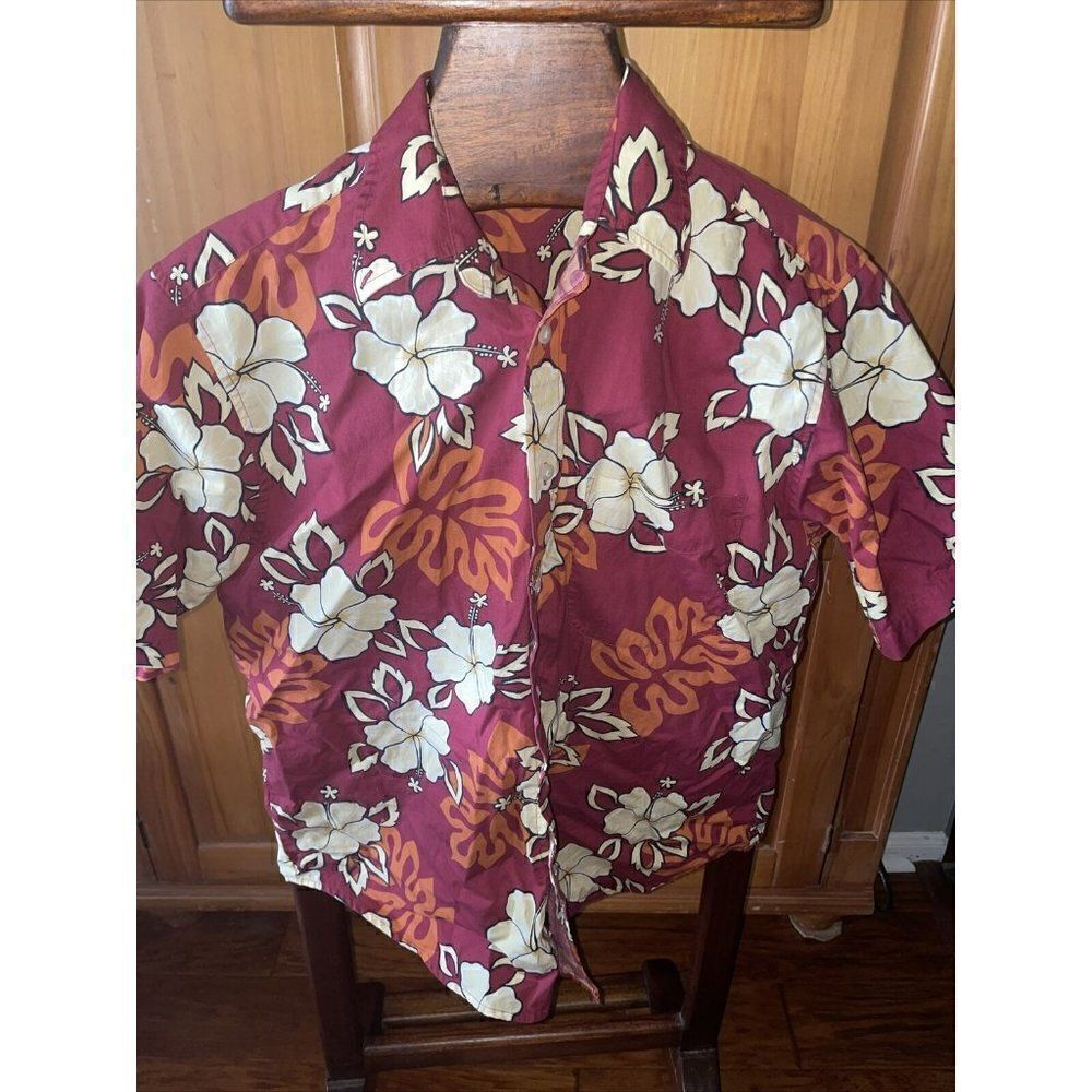 100% Cotton Red Floral Hawaiian Shirt Natural Issue Wrinkle Free Aloha Men’s M